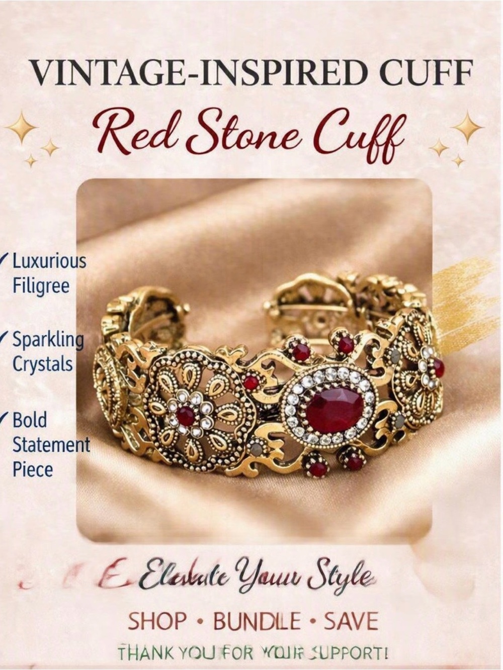 Gold Filigree Red Stone Statement Cuff